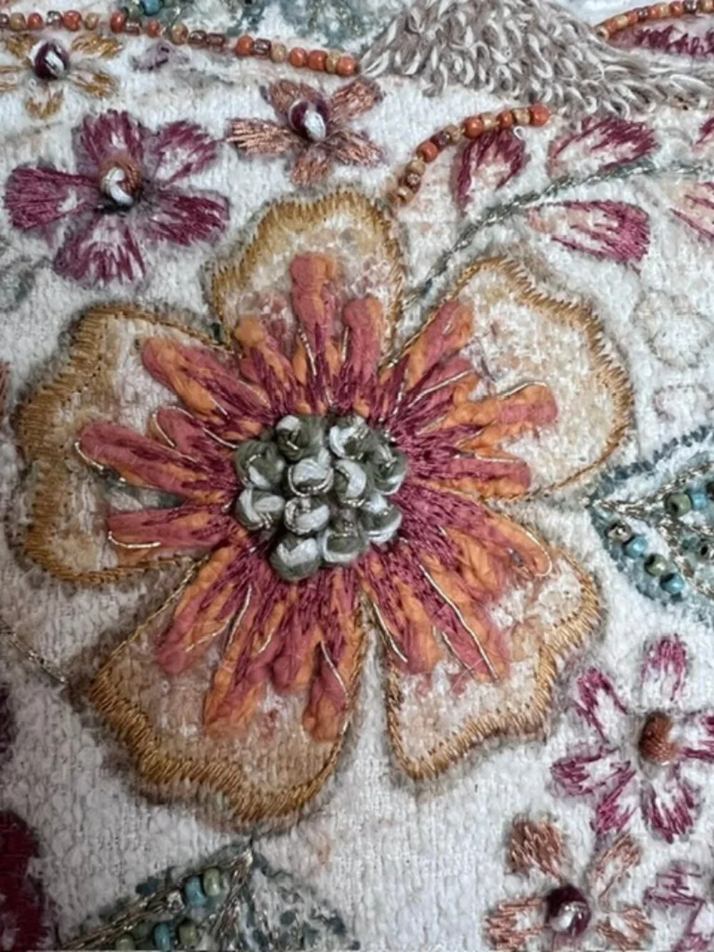 Vintage Embroidered and Beaded Pumpkin Throw Pillow / Fall / Thanksgiving Decor